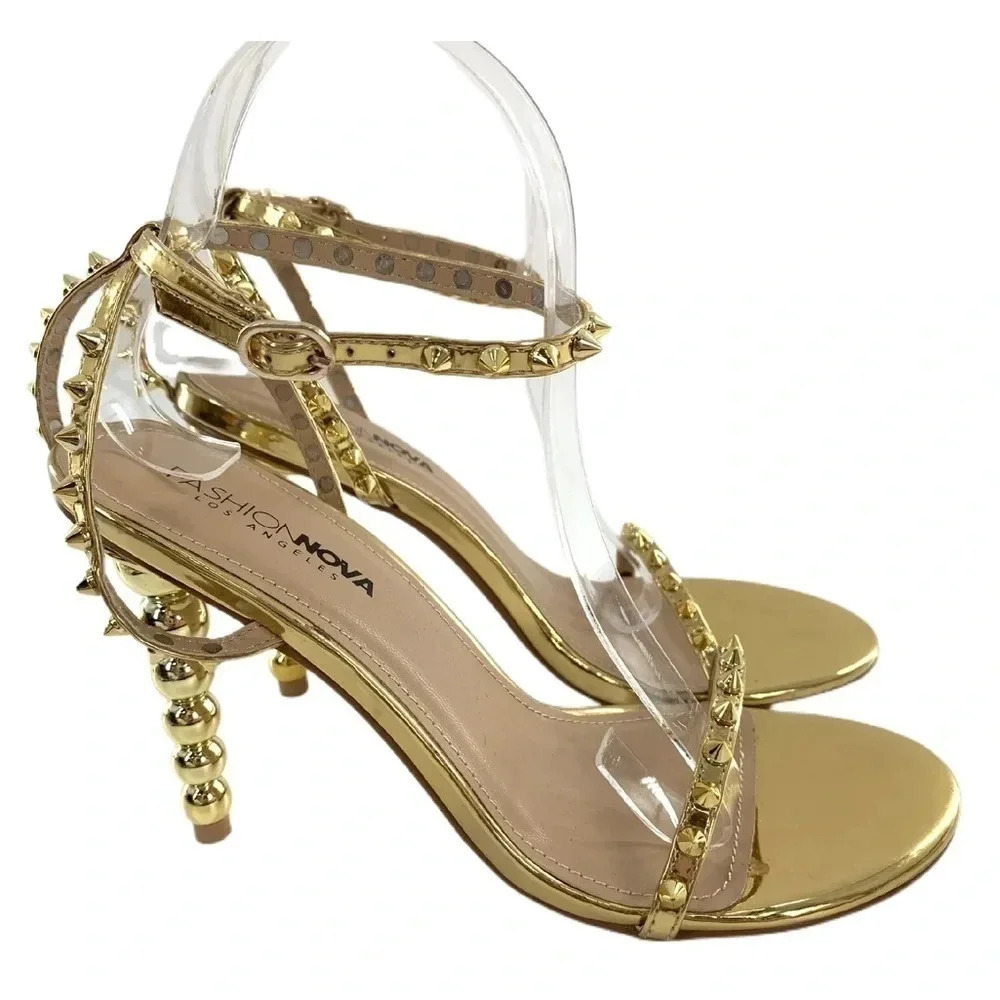 Fashion Nova heels size 8.5 Brewster gold faux leather studded stilettos party - Picture 12 of 12